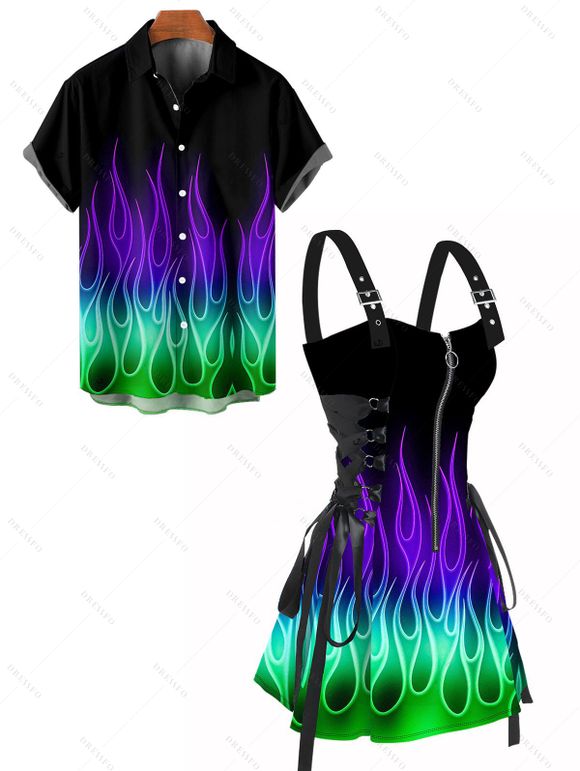 Music Festival Couple Outfit Colorful Flame Print Lace Up Half Zipper A Line Dress and Men's Shirt Roll Up Sleeve Shirt Two Piece Set - Noir S | US 4