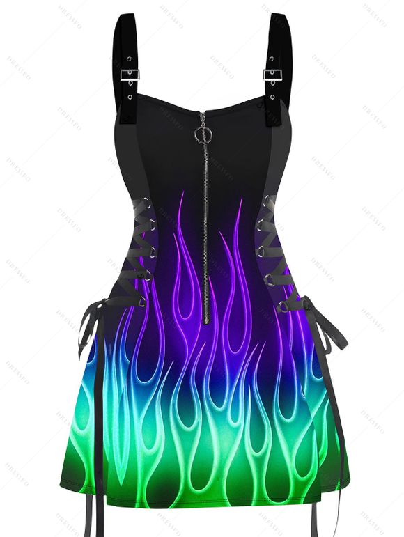 Music Festival Couple Outfit Colorful Flame Print Lace Up Half Zipper A Line Dress and Men's Shirt Roll Up Sleeve Shirt Two Piece Set - Noir S | US 4