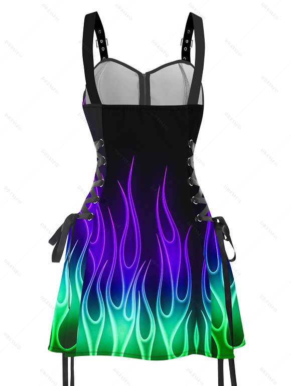 Music Festival Couple Outfit Colorful Flame Print Lace Up Half Zipper A Line Dress and Men's Shirt Roll Up Sleeve Shirt Two Piece Set - Noir S | US 4