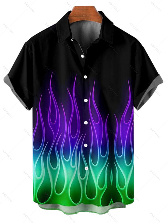 Music Festival Couple Outfit Colorful Flame Print Lace Up Half Zipper A Line Dress and Men's Shirt Roll Up Sleeve Shirt Two Piece Set - Noir S | US 4