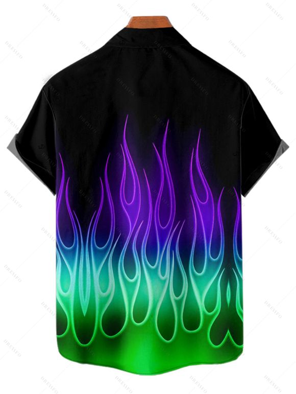 Music Festival Couple Outfit Colorful Flame Print Lace Up Half Zipper A Line Dress and Men's Shirt Roll Up Sleeve Shirt Two Piece Set - Noir S | US 4