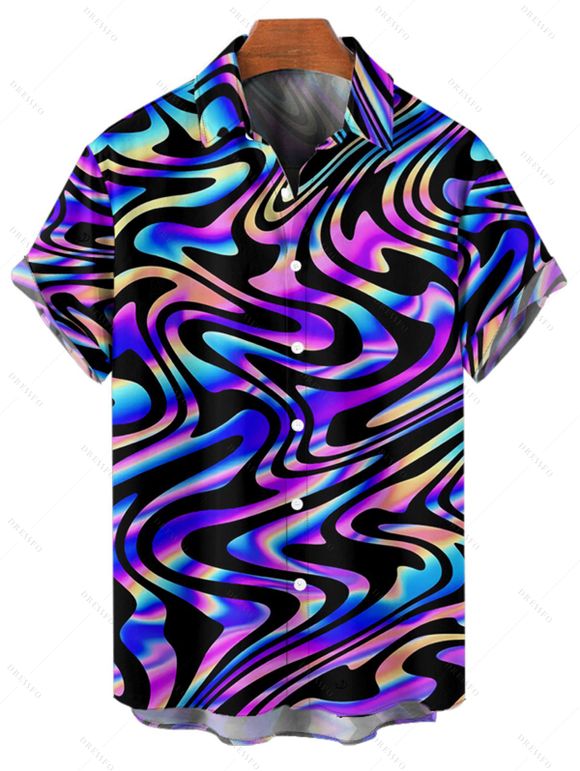 Music Festival Couple Outfit Colorful Textured Graphic Print Lace Up Half Zipper A Line Dress and Men's Roll Up Sleeve Shirt Two Piece Set - multicolor S | US 4