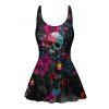 Music Festival Rose Skulls Pattern Bowknot One Piece Swimsuit Adjustable Strap Padded Gothic Swimwear - BLACK XXL | US 14