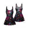 Music Festival Rose Skulls Pattern Bowknot One Piece Swimsuit Adjustable Strap Padded Gothic Swimwear - BLACK XXL | US 14