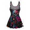 Maillot de Bain 1 Pièce Gothique Rembourré à Rose et Crâne à Noeud Papillon - Noir L | US 8-10