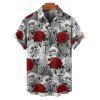 Chemise de Vacances Gothique Rose Crâne Motif de Squelette Boutonnée à Manches Roulées pour Homme - Gris 4XL