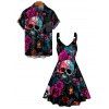 Music Festival Couple Outfit Rose Skulls Guitar Pattern A Line Dress and Men's Roll Up Sleeve Gothic Two Piece Set - Noir S | US 4