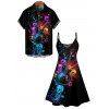 Music Festival Couple Outfit Colorful Guitar Music Note Skulls Pattern A Line Dress and Men's Roll Up Sleeve Two Piece Set - Noir S | US 4