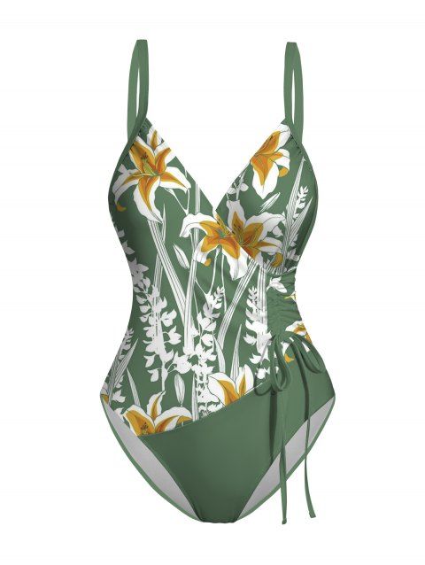 Maillot de Bain Superposé Croisé Fleur Tropicale Imprimée Une-Pièce