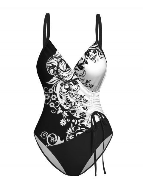 Maillot de Bain Superposé Sanglé Fleuri Imprimé en Blocs de Couleurs Une-Pièce