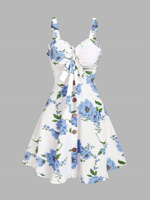 Floral Print Vacation Sundress Garden Party Dress Summer Ruffled Bowknot Mini Dress
