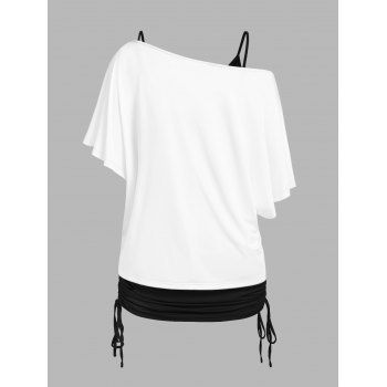 Feather Moon Pattern Skew Shoulder Flare Sleeve T Shirt and Solid Color Cinched Spaghetti Strap Cami Top Two Piece Top 