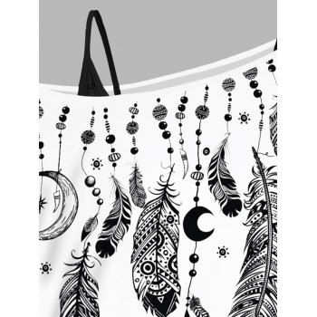 Feather Moon Pattern Skew Shoulder Flare Sleeve T Shirt and Solid Color Cinched Spaghetti Strap Cami Top Two Piece Top 