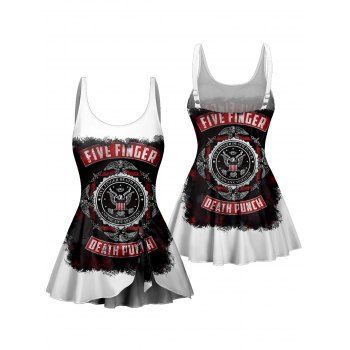 Music Festival Graphic Pattern One Piece Swimsuit Bowknot Adjustable Strap Padded Rock Style Swimwear 