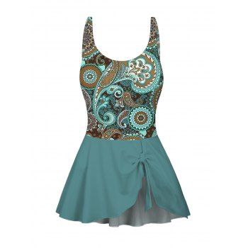 Ethnic Paisley Pattern One Piece Swimsuit Bowknot Padded Adjustable Strap Vacation Swimwear 