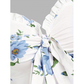 Floral Print Vacation Sundress Garden Party Dress Summer Ruffled Bowknot Mini Dress 