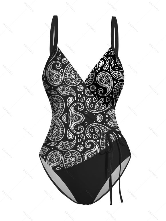 Maillot de Bain 1 Pièce Cache-Coeur à Motif Paisley Ethnique Coloré - Noir XL | US 12