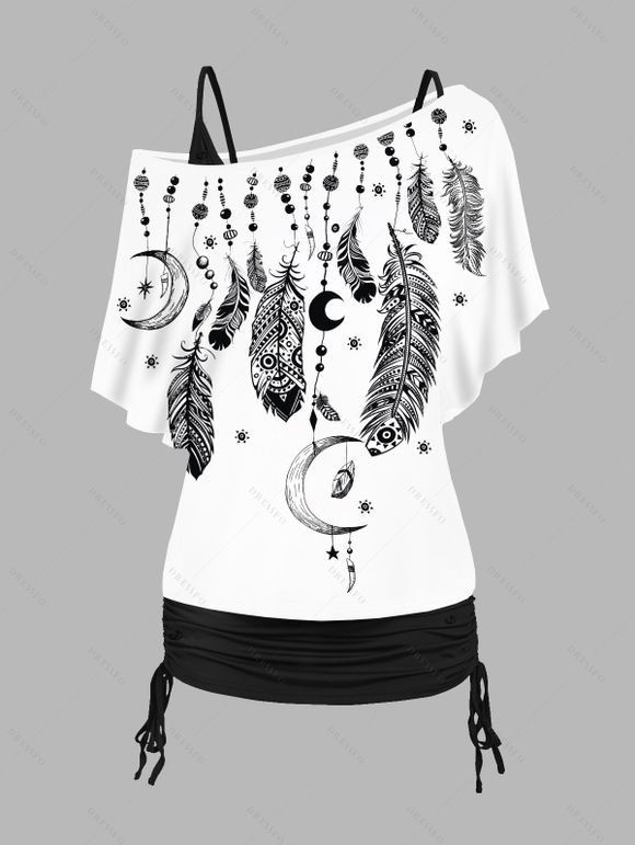 Casual Outfit Feather Moon Pattern Skew Shoulder T Shirt Cinched Cami Top Two Piece Top and Lace Up Solid Color Flare Jeans Outfit - Blanc S | US 4