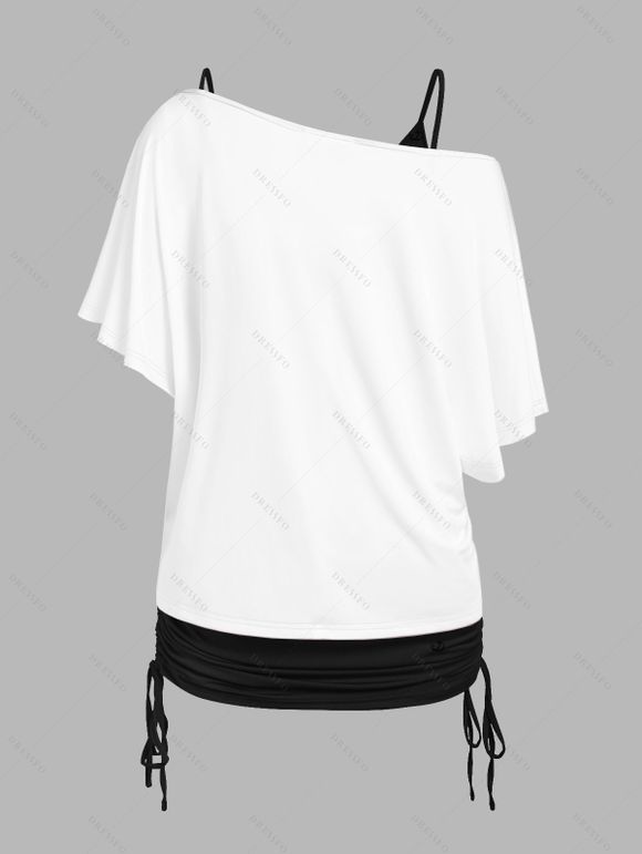 Casual Outfit Feather Moon Pattern Skew Shoulder T Shirt Cinched Cami Top Two Piece Top and Lace Up Solid Color Flare Jeans Outfit - Blanc S | US 4