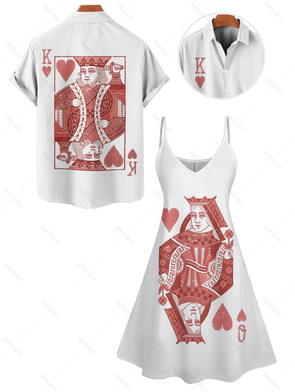 Daily Couple Outfit Poker Card Pattern Spaghetti Strap A Line Dress and Roll Up Sleeve Shirt Two Piece Outfit - Blanc S | US 4