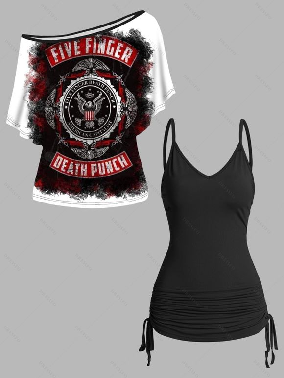 Music Festival Outfit Graphic Pattern Skew Shoulder T Shirt Cinched Cami Top Two Piece Top and Lace Up Solid Color Wide Waisted Pants Outfit - Noir S | US 4