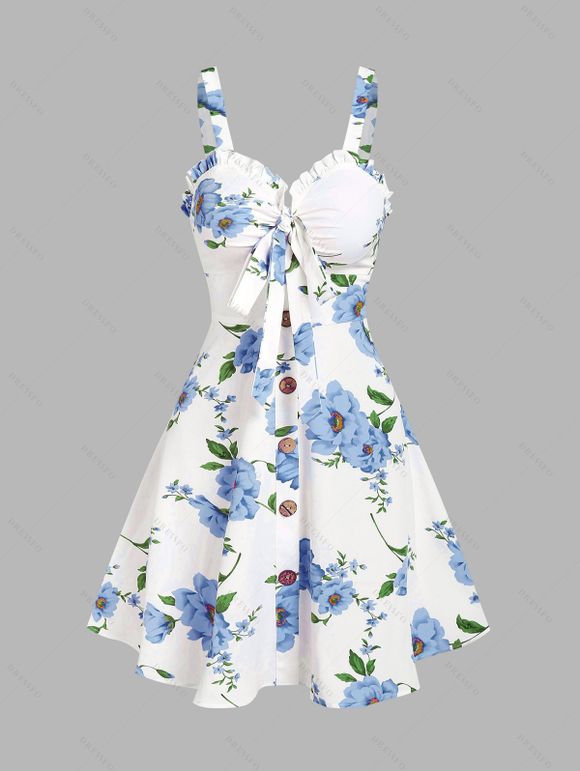 Robe Courte Imprimée Florale à Volants avec Noeud Papillon pour Été - Bleu Ciel XXXL