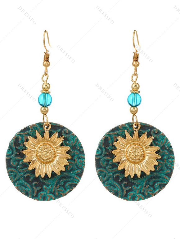 Boucles D'Oreilles Pendantes en Forme de Tournesol en Perles Style Bohémien Rétro - Vert profond 