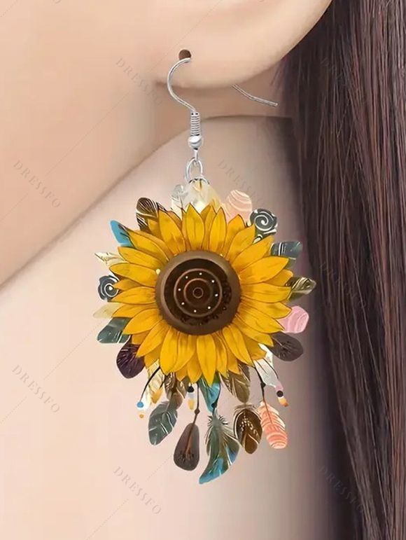 Boucles D'Oreilles Pendantes en Forme de Tournesol pour Plage et Vacances - Jaune 