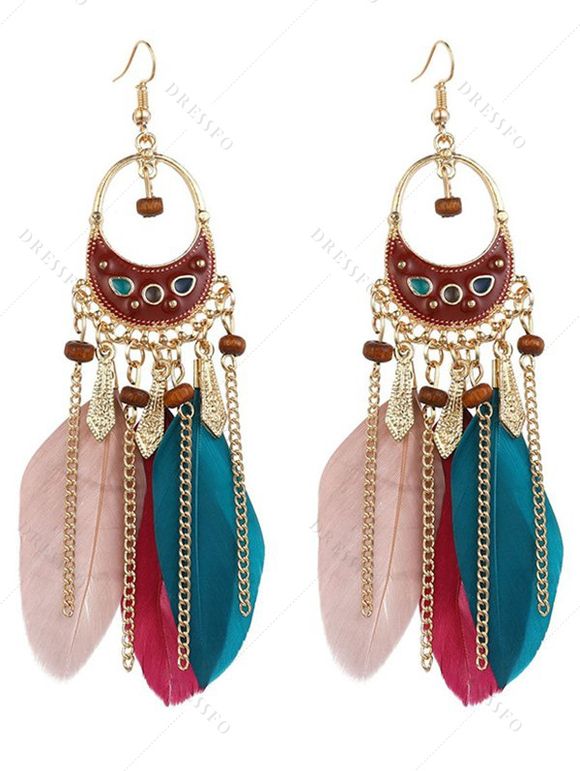 Boucles D'Oreilles Pendantes Décorées de Plumes Colorées Style Bohémien Rétro - multicolor A 