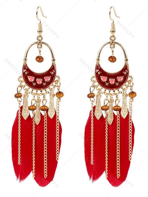 Boucles D'Oreilles Pendantes Décorées de Plumes Colorées Style Bohémien Rétro - Rouge 