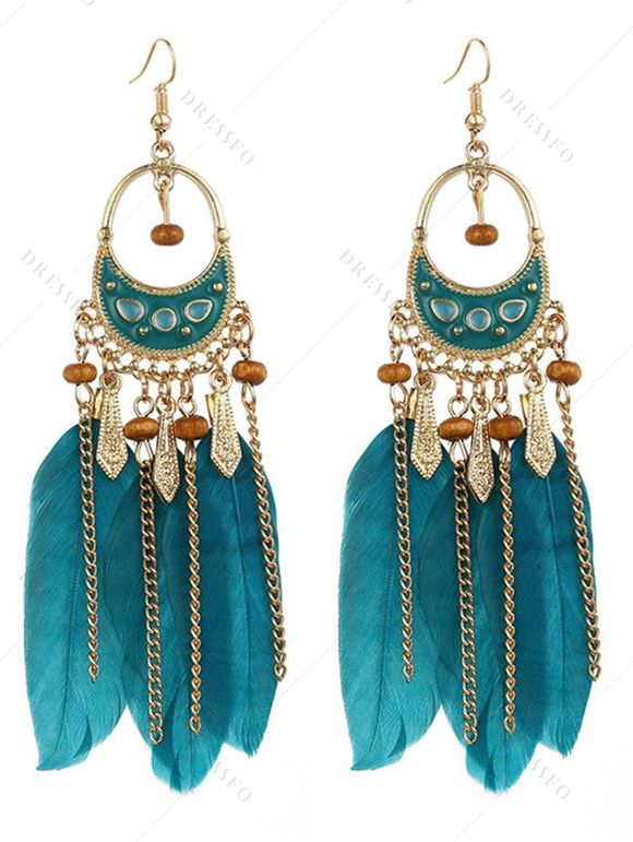 Boucles D'Oreilles Pendantes Décorées de Plumes Colorées Style Bohémien Rétro - Vert 