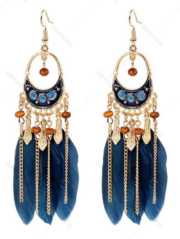 Boucles D'Oreilles Pendantes Décorées de Plumes Colorées Style Bohémien Rétro - Bleu profond 