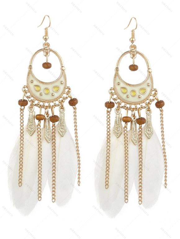 Boucles D'Oreilles Pendantes Décorées de Plumes Colorées Style Bohémien Rétro - Blanc 