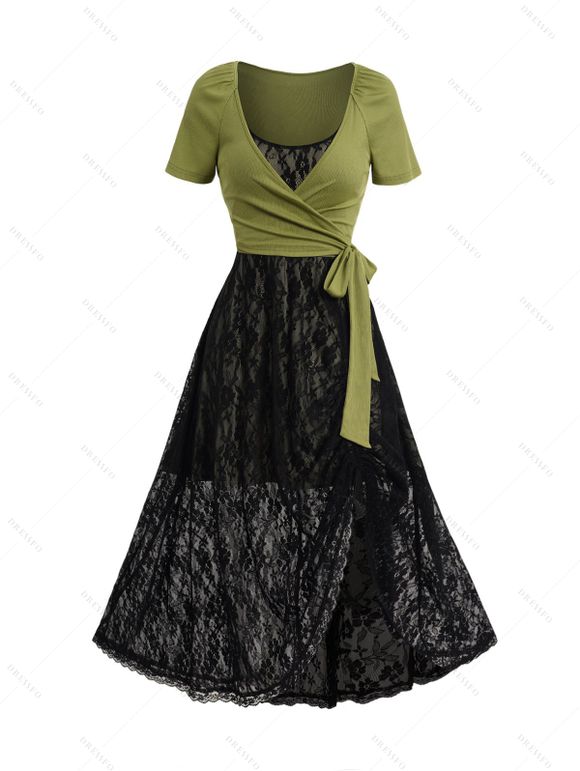 Ensemble de Haut Court Croisé Noué et de Robe Débardeur Superposée en Maille - Vert clair S | US 4