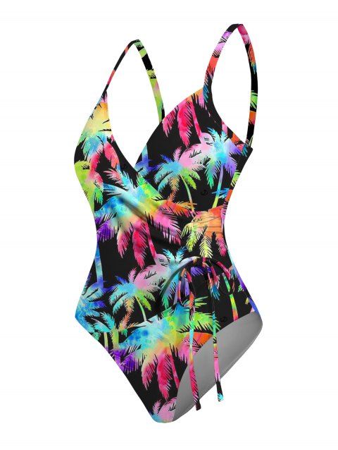 Maillot de Bain Superposé Coloré Noix de Coco et Arbre Imprimés Une Pièce