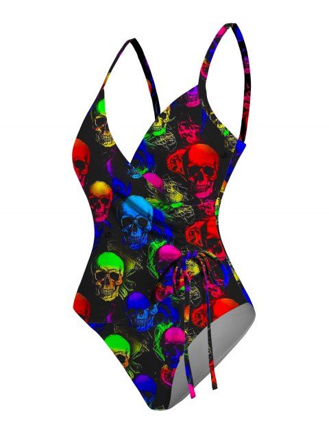 Music Festival Colorful Skulls Butterfly Print One Piece Swimsuit Cinched Surplice Padded Gothic Swimwear