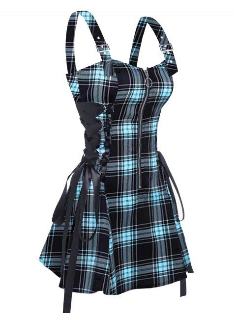 Robe Rétro à Carreaux Imprimé à Demi-Zip sans Manches Bouclée Ajustable à Lacets