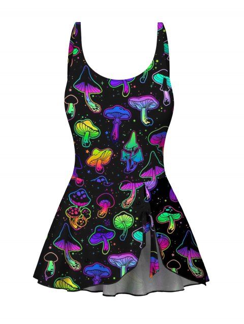 Music Festival Colorful Mushroom Pattern One Piece Swimsuit Bowknot Padded Adjustable Strap Vacation Swimwear