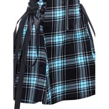 Retro Plaid Print Lace Up Dress O Ring Half Zipper Adjustable Buckle Strap Sleeveless Dress 