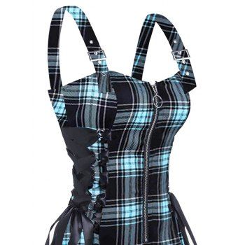 Retro Plaid Print Lace Up Dress O Ring Half Zipper Adjustable Buckle Strap Sleeveless Dress 
