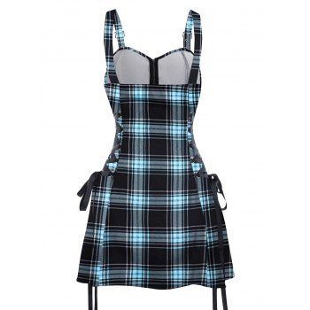Retro Plaid Print Lace Up Dress O Ring Half Zipper Adjustable Buckle Strap Sleeveless Dress 