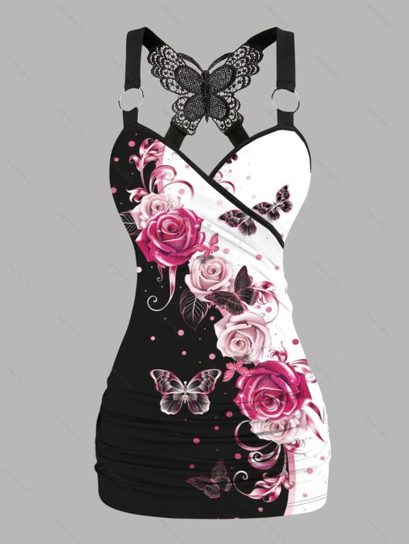 Contrast Color Rose Pattern Butterfly Lace Tank Top and Lace Up Solid Color Zipper Up Flare Jeans Vacation Outfit - Noir S | US 4