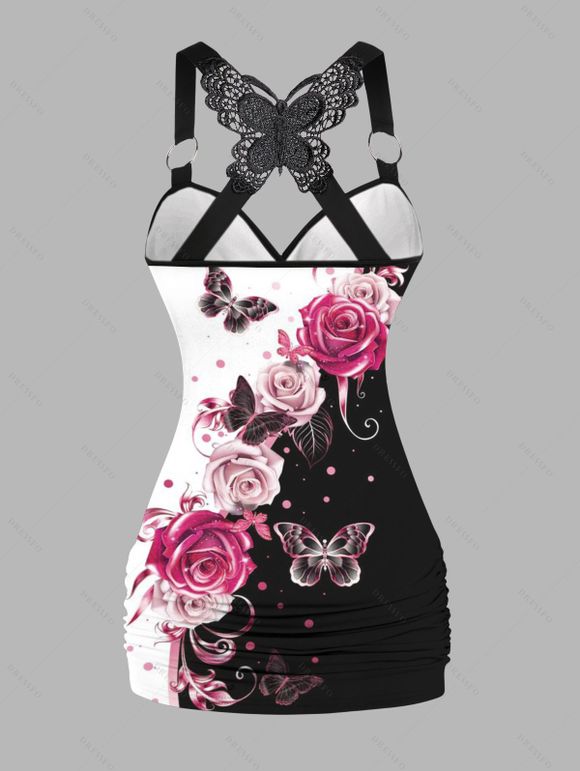 Contrast Color Rose Pattern Butterfly Lace Tank Top and Lace Up Solid Color Zipper Up Flare Jeans Vacation Outfit - Noir S | US 4