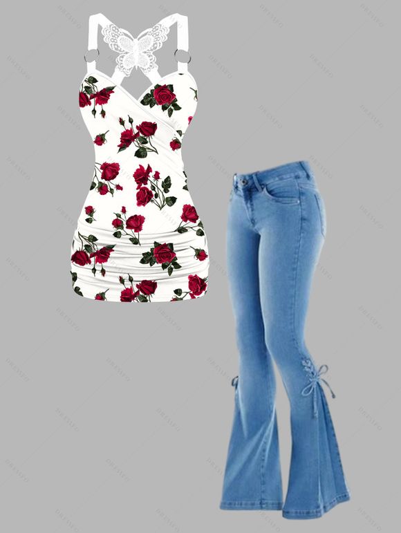 Rose Pattern Butterfly Lace Ruched Tank Top And Zipper Up Lace Up Flare Jeans Vacation Outfit - Blanc S | US 4