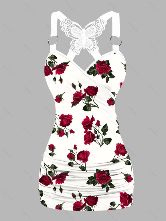 Rose Pattern Butterfly Lace Ruched Tank Top And Zipper Up Lace Up Flare Jeans Vacation Outfit - Blanc S | US 4