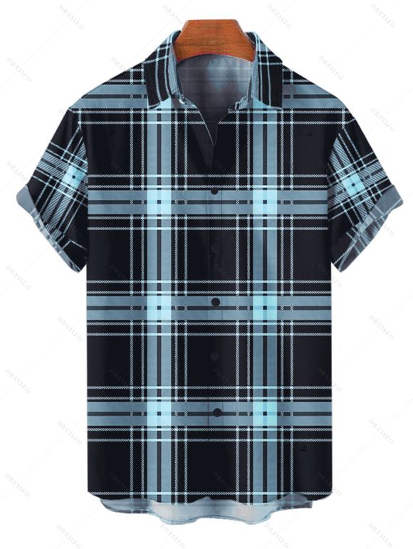 Chemise Décontractée à Carreaux Imprimé Boutonnée Manches Courtes à Col Relevé - Bleu clair 2XL