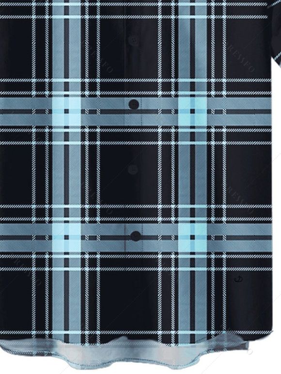 Chemise Décontractée à Carreaux Imprimé Boutonnée Manches Courtes à Col Relevé - Bleu clair M