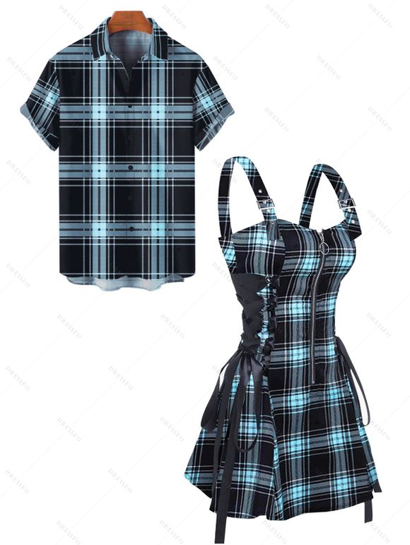 Retro Plaid Print Lace Up Half Zipper Buckle Strap Mini Dress And Short Sleeve Shirt Matching Outfit - Bleu clair S