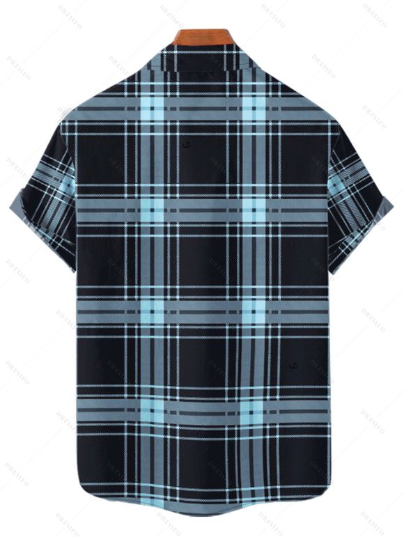 Retro Plaid Print Lace Up Half Zipper Buckle Strap Mini Dress And Short Sleeve Shirt Matching Outfit - Bleu clair S