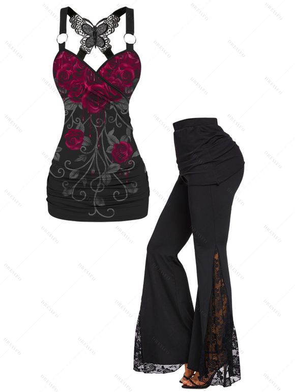 Music Festival Lace Butterfly Rose Pattern Ruched Tank Top and High Waisted Solid Color Flare Pants Gothic Outfit - Noir S | US 4